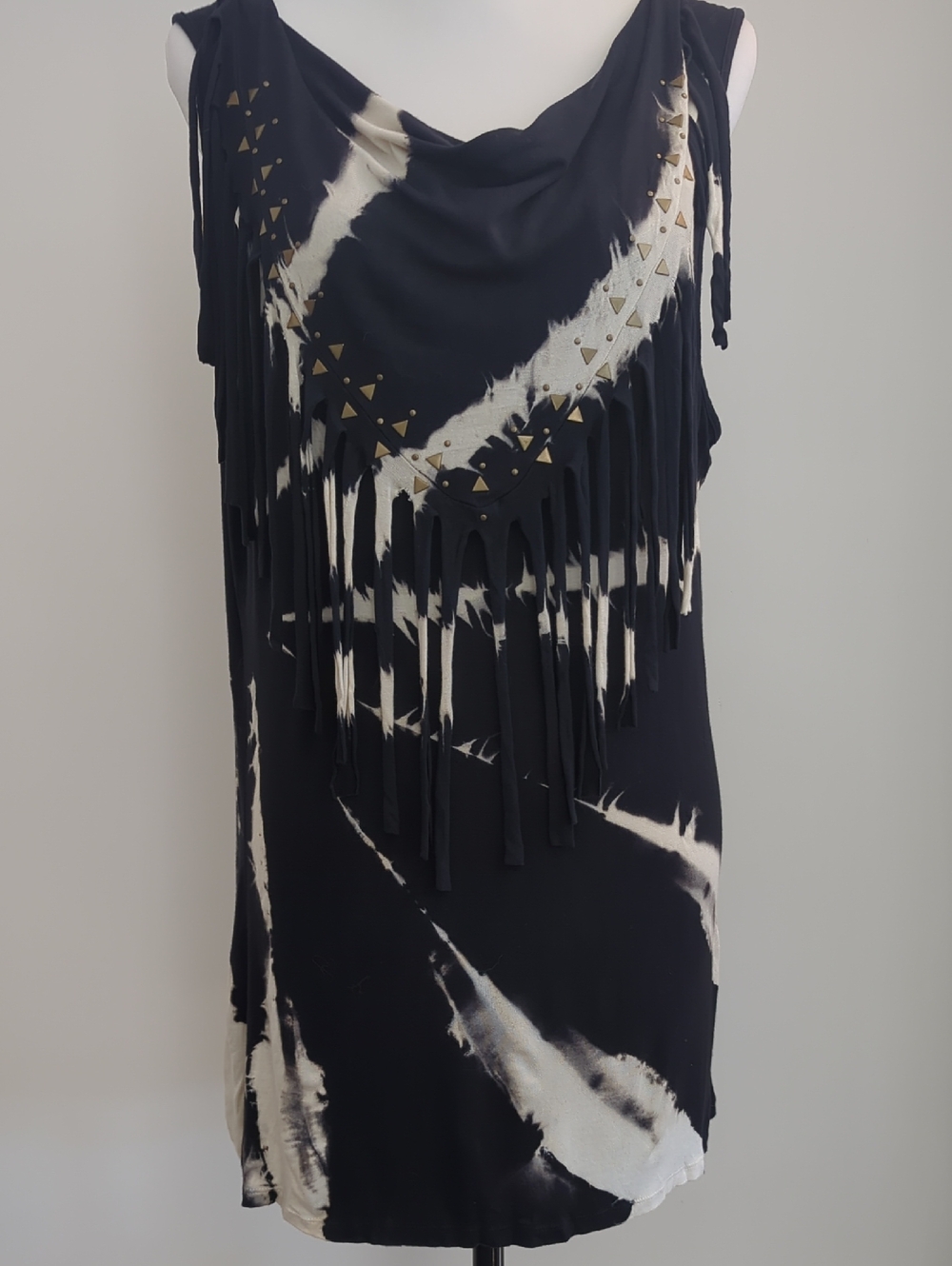Fringed Black & Cream Tie-Dye Cowl Neck Tank Top with Fringe and Stud Accents